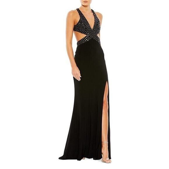 Mac DuggalBlack Floral Sequin Criss Cross Bodice Side Slit Gown